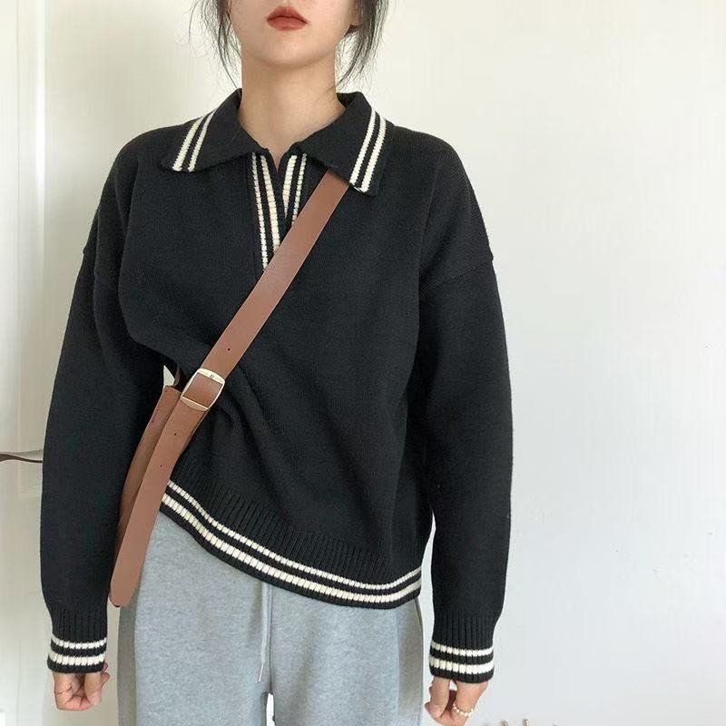 Hong Kong flavor college style polo collar contrasting color knitted sweater women s design sense niche loose and versatile average size - recommended within 80-625 kg 4098₽