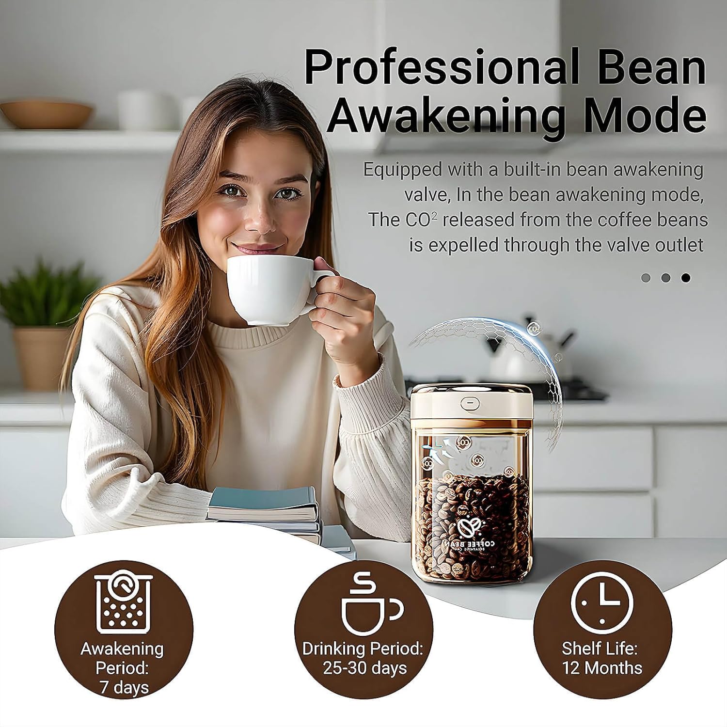 57oz Vacuum Seal Glass Coffee Canister - Airtight for Beans, Grounds & Pods, CO2 & Date Tracker