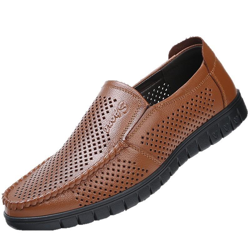 Sandals men's new summer breathable hollow leather shoes men's genuine leather soft-soled casual dad shoes