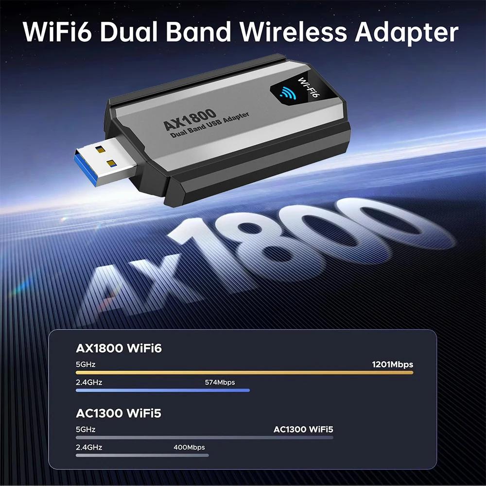 1800Mbps WiFi 6 AX1800 USB 3.0 Adapter Dual Band Network Card Antenna 2.4G/5Ghz Wireless USB Receiver Dongle Network Wi-Fi 6 For Laptop Win10/11