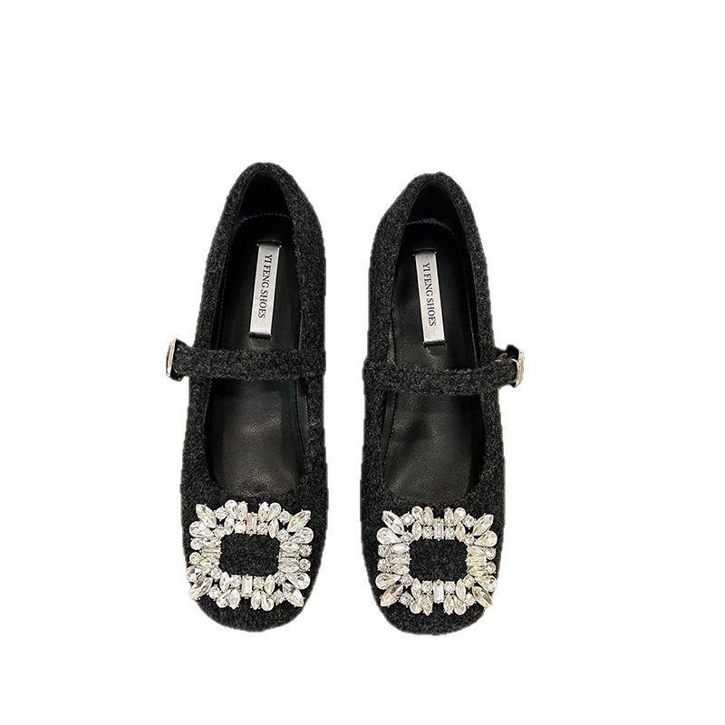 Inner heightening woolen rhinestone square buckle soft-soled Mary Jane shoes 2025 new Mao Mao Doudou shoes flat single shoes women's shoes