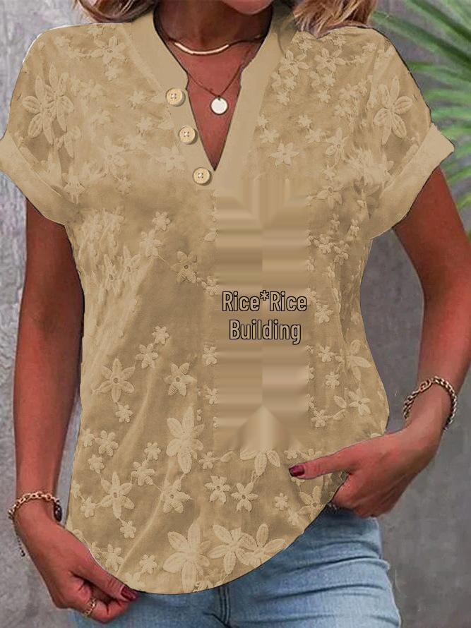 2025 Summer Casual Lace Embroidered V-Neck Women's Short-Sleeve Shirt