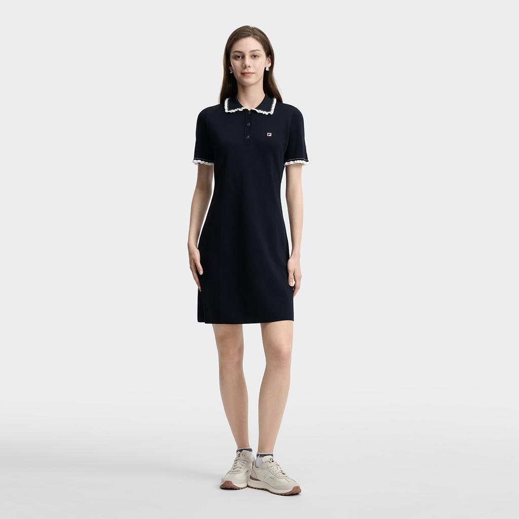 Fila Tennis Lace Woven Classic Simple Retro Sports Fashion Casual Elegant Relaxed Versatile Comfortable Polo Collar Short Sleeve Dress A11W623335FNV