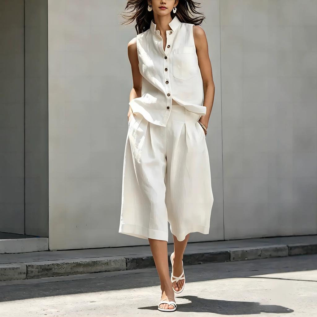 Dámský 2dílný set z lněné směsi: Bezrukávová košile na knoflíky a culottes. Ležérní letní outfit