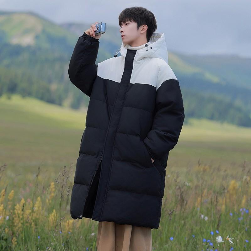 Winter Couples Patchwork Cotton Coat Mens Womens Long Knee-Length Warm Windproof Thick Puffer Jacket