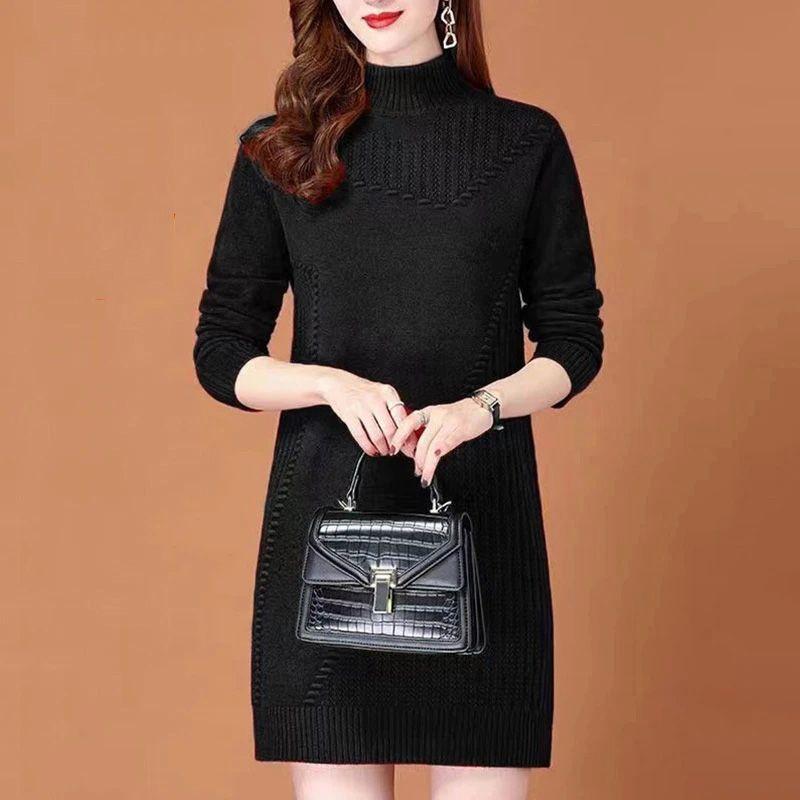 Half Turtleneck Knitted Dress for Women In Autumn and Winter Solid-color Long-sleeved Pullover Mid-length Casual Solid-color Sweater