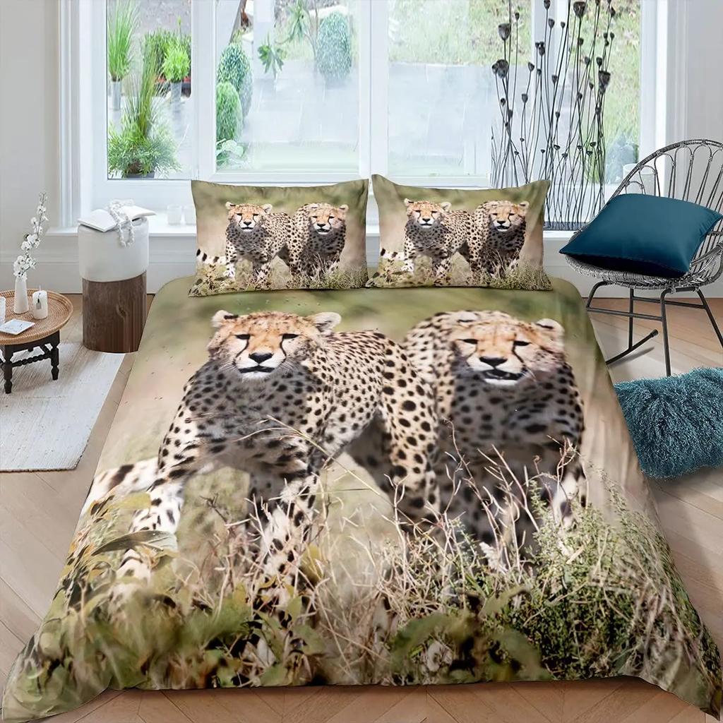 Leopard Comforter Cover Set King Fierce Cheetah Duvet Cover Safari Wild Animal Bed Cover Teens Bedroom Decor 2/3Pcs Bedding Set