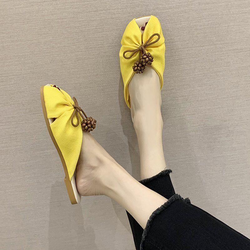 Fashion Sandals with Bow Flat Shoes for Women Printing Woman Mules Slippers on Sale Wholesale Vip Korea Style Chic and Elegant 39 Slides