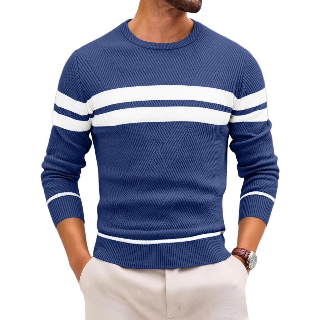 Mens Striped Print Pullover Sweater Slim Fit Lightweight Neck Long Sleeve Jumper Sweaters