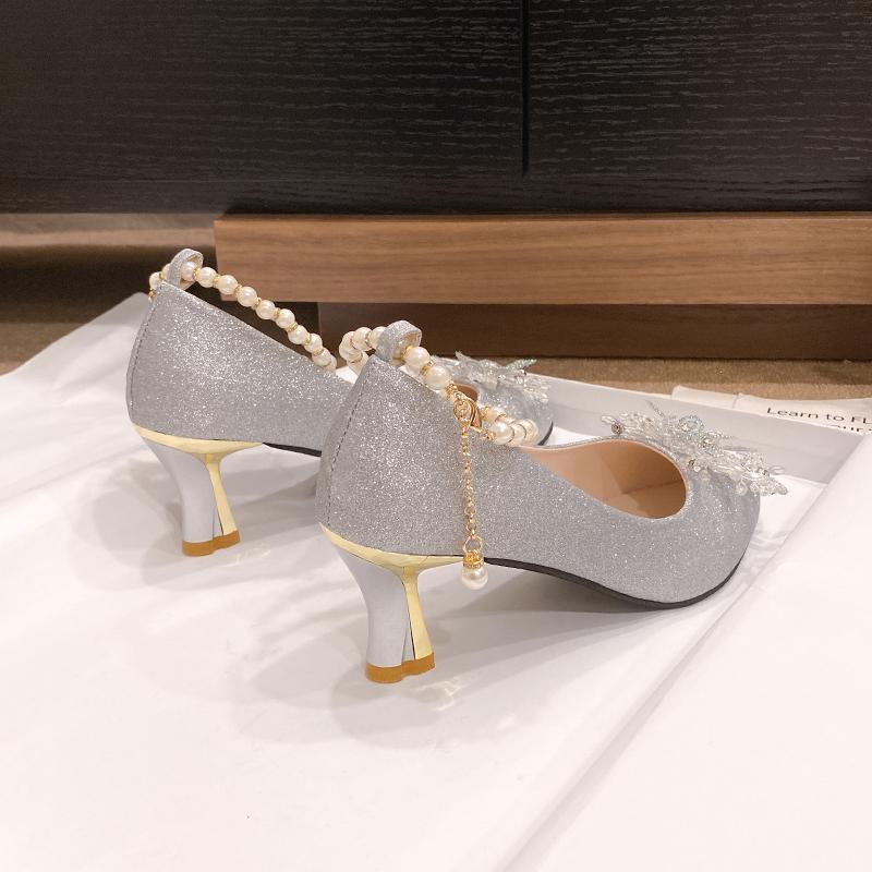 Women Pumps New Fashion Pointed Metal Beaded Solid Heels Women Summer Leisure Banquet Wedding High Heels Shoes Zapatos De Mujer