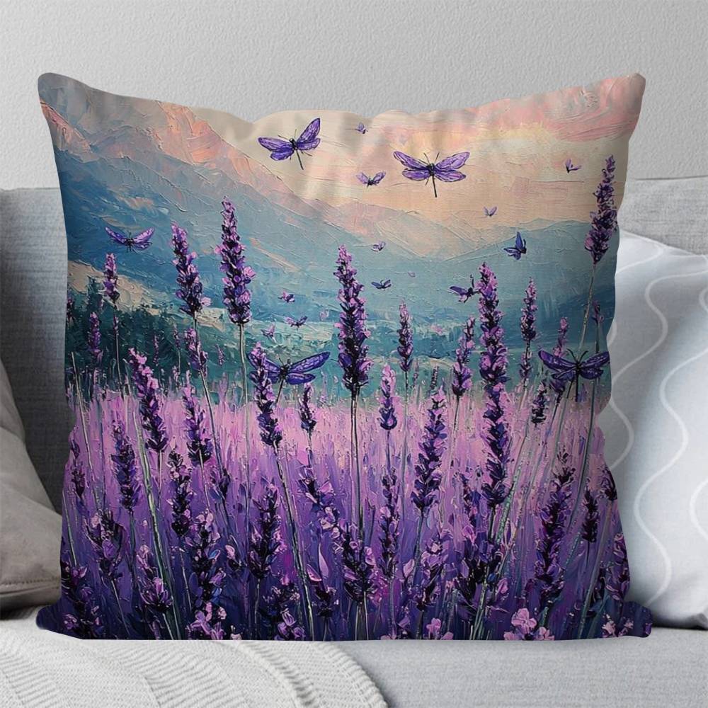 Purple Flower Oil Painting Pillow Case Fashion Square Pillowcase Bedroom Sofa Room Ins Decoration Leisure