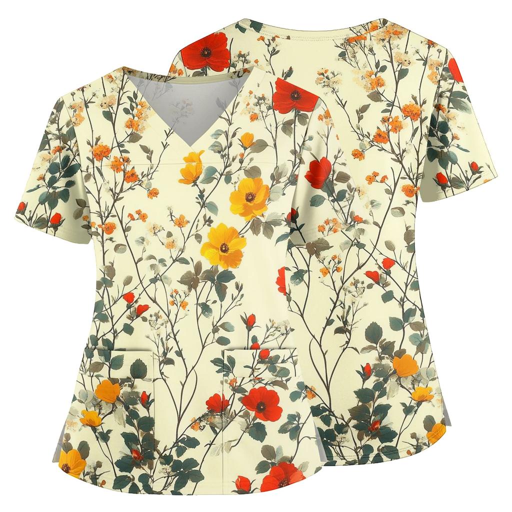 Floral Print V Neck Medical Scrub Top with Pockets Side Slits Short Sleeve Nurse Uniform Shirt for Women Comfortable Fit