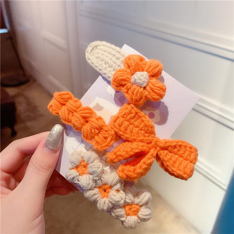 4Pcs Cute Knit BB Hair Clips Handmade Flower Bow Bang Clips for Kids Perfect for Christmas Festival Celebration