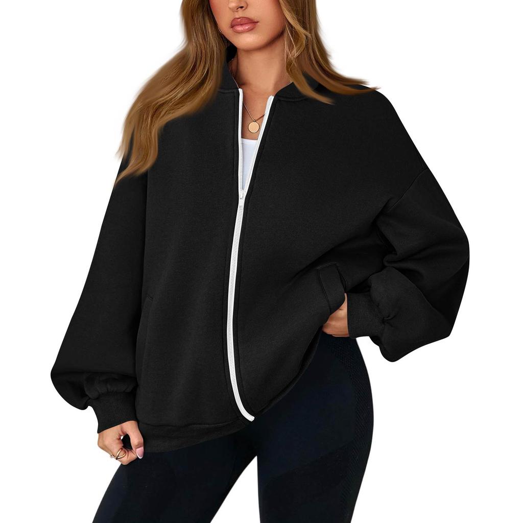 Damen Mode Langarm Farbe V-Ausschnitt Locker Oversize Reißverschluss Jacke