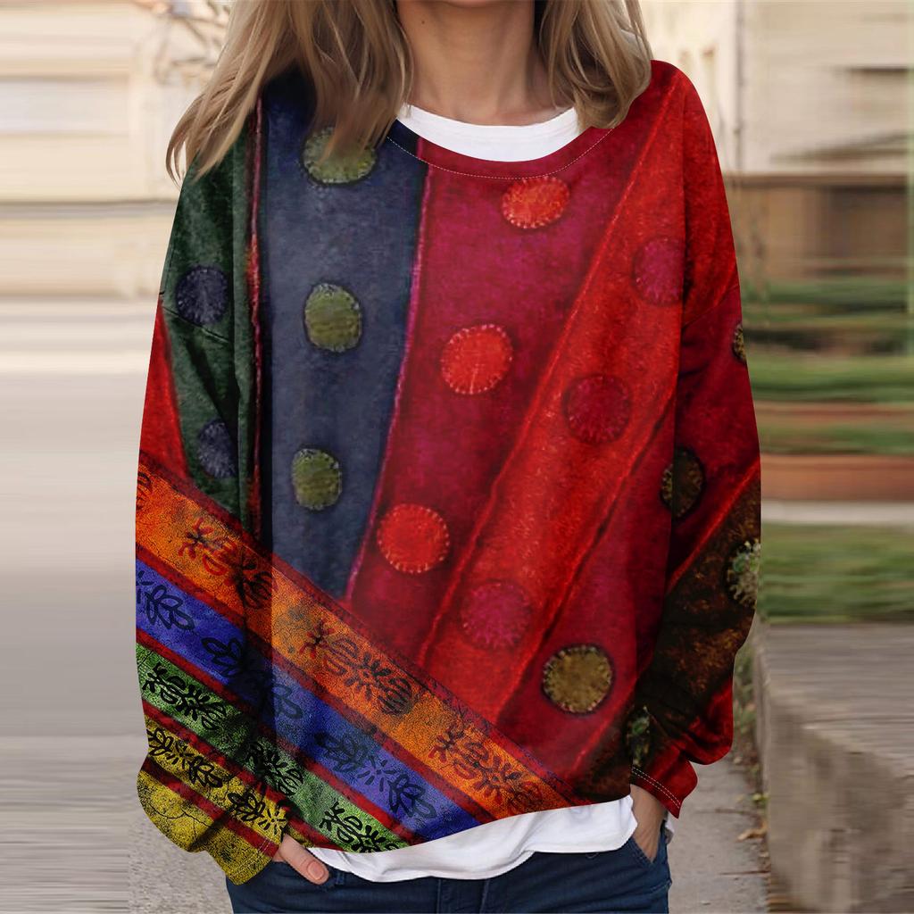 Women's Casual Fashion  Vintage Printed Long Sleeve O-Neck Sweatshirt Layer Pullover Top