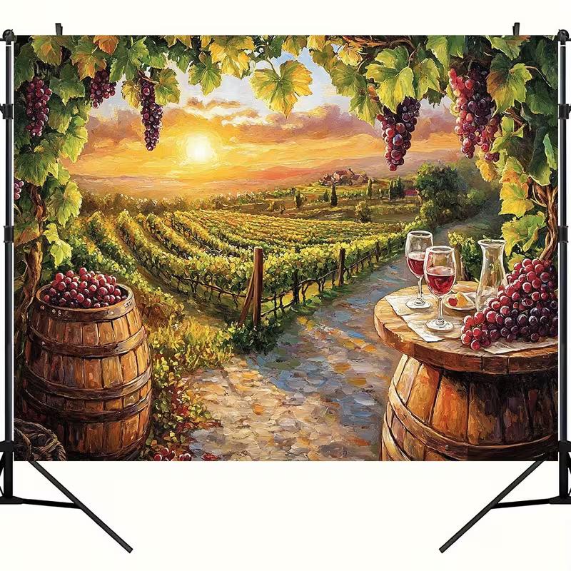 Sonnenuntergang Weinberge Ölgemälde Wandteppich, Weinfass & Trauben Wandbehang
