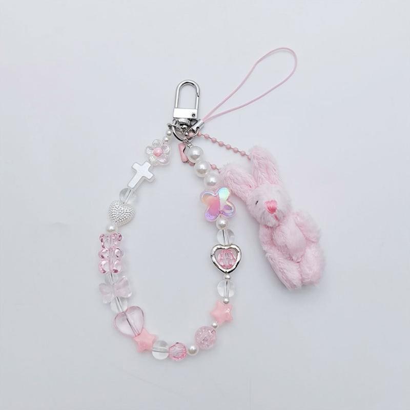 Handmade Phone Chain Rabbit Phone Strap Lovely Phone Jewelry Durable Keychain Acrylic Alloy Material for Phone Keys Bags