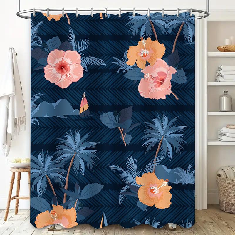 Blue Floral Shower Curtain with Palm Tree Pattern Waterproof Fabric for Bathroom Decor