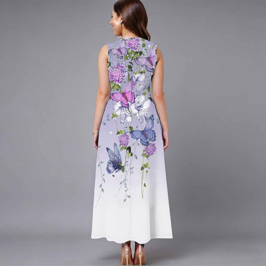Oversized Female Sleeveless Crew Neck Dress Gentle Watercolor Flower Cluster Loose Midi Dress