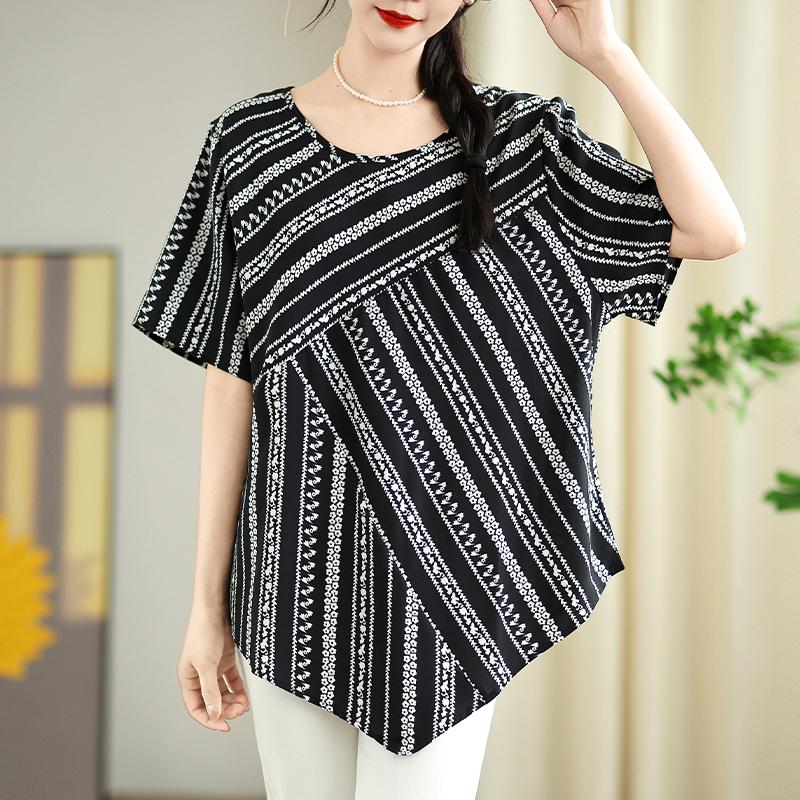 

DIMANAF 2025 Новая летняя футболка больших размеров Женская с коротким рукавом Асимметричная Винтажная Свободная Топы Футболки Макси 5XL