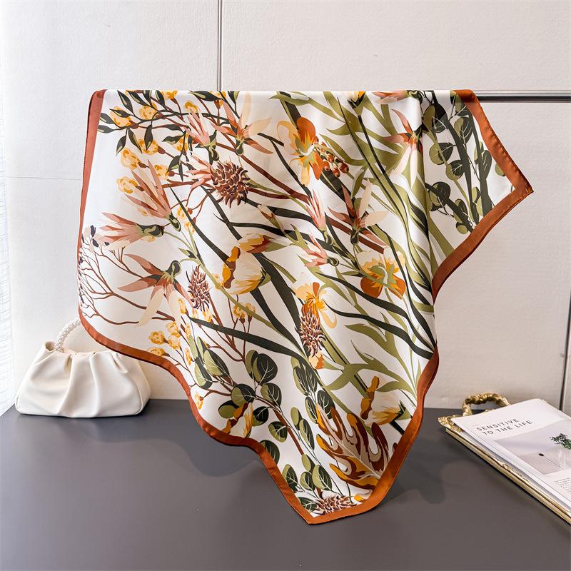 

70CM Tropical Botanical Floral Square Scarf Soft Satin Silk Boho Bandana for Women Neck Hair Headband Bag Wrist Wrap Accessory 70X70CM