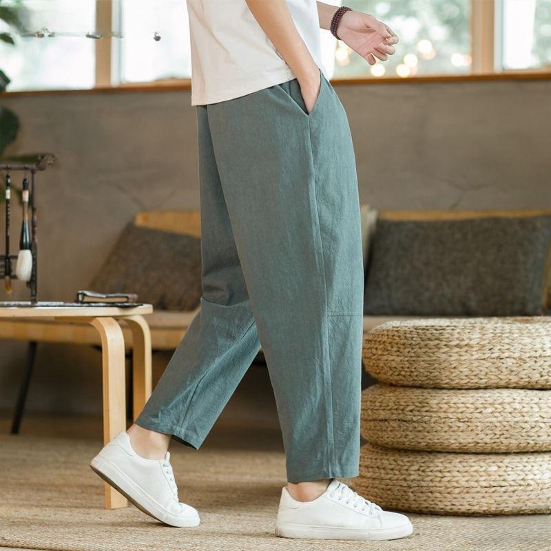 Men's Neo Chinese Style Cotton Linen Sweatpants Breathable Solid Color Streetwear Loose Trousers for Summer Vacation