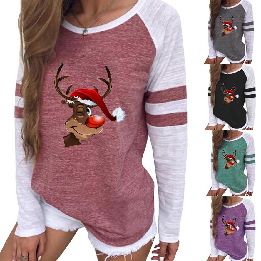 

Women s Winter Fashion Christmas Print Casual Long Sleeve Round Neck Top Blouse