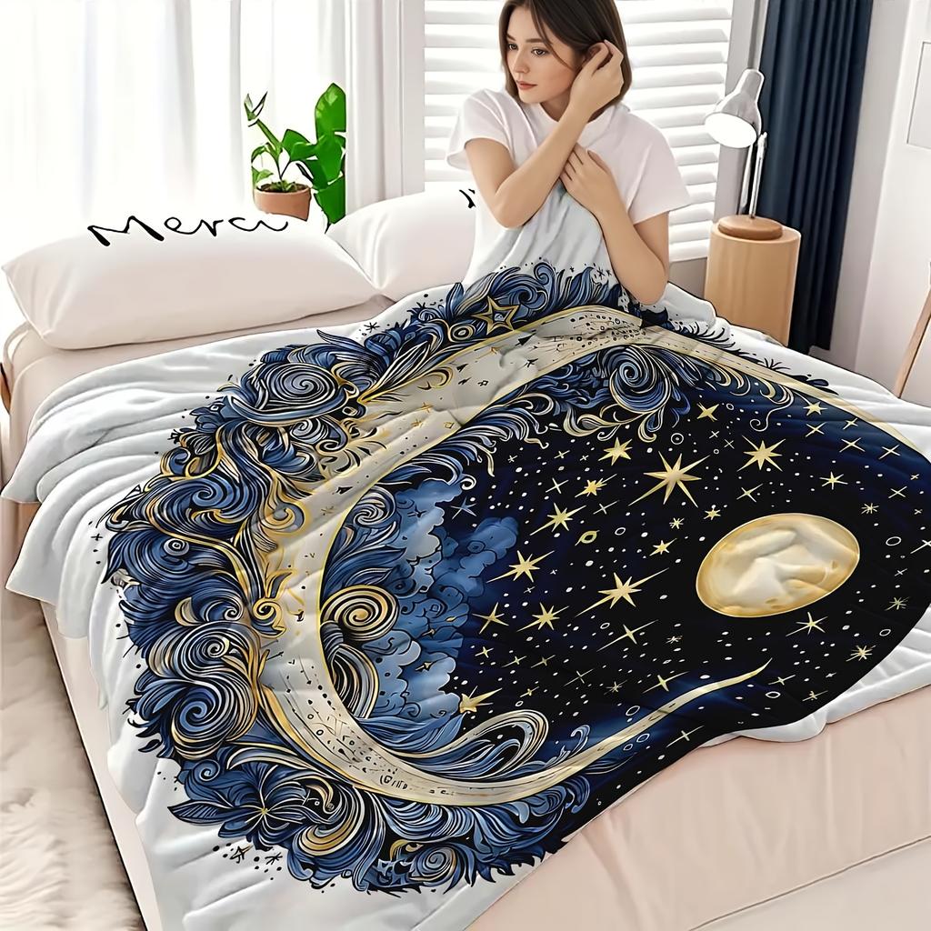 1pc Star Dreamy Starry Sky Aesthetic Flannel Blanket, Super Soft Sofa Blanket, Printed Design, Modern Style, Suitable for Sofa Bed Travel, Birthday Va