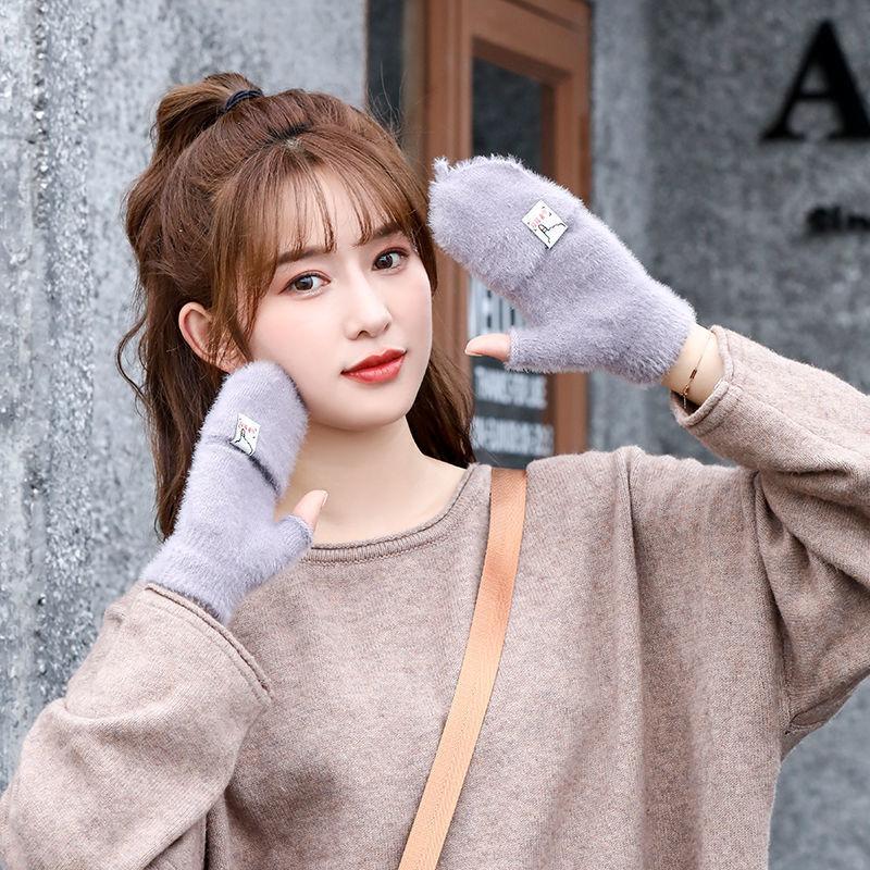 Plush Autumn and Winter Half-finger Flip-up Warm and Thickened Bag Cover for Fingerless Homework Students Writing Fashion Korean Style Gloves