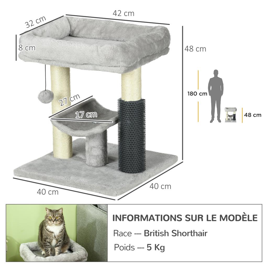 48cm Cat Tree with Scratching Posts, Bed, Perch, Self Groomer, Toy - Grey