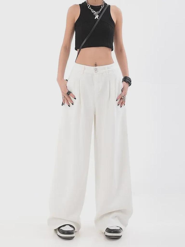 Hong Kong Retro White Wide-Leg High-Waist Women's Jeans for Summer
