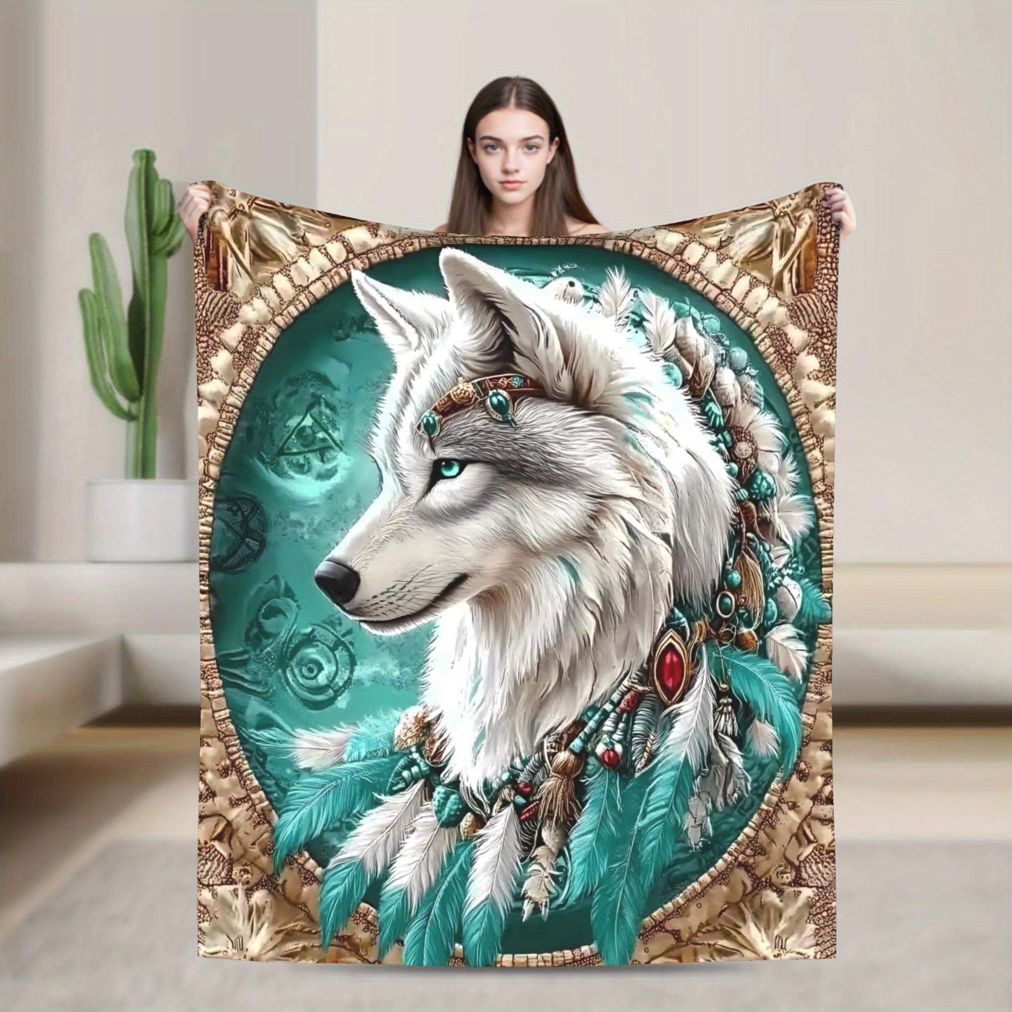 

1pc Majestic White Wolf Design Cooling Throw Blanket Flannel, Soft Lightweight Cozy Light Beige friendly Machine Washable, for B 70x100cm