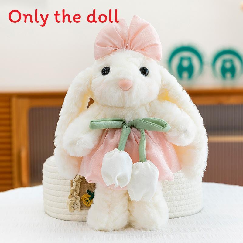 Bunny Plush Toy With Tulip Checkered Floral Dress For Kids And Collectors Pink Dress