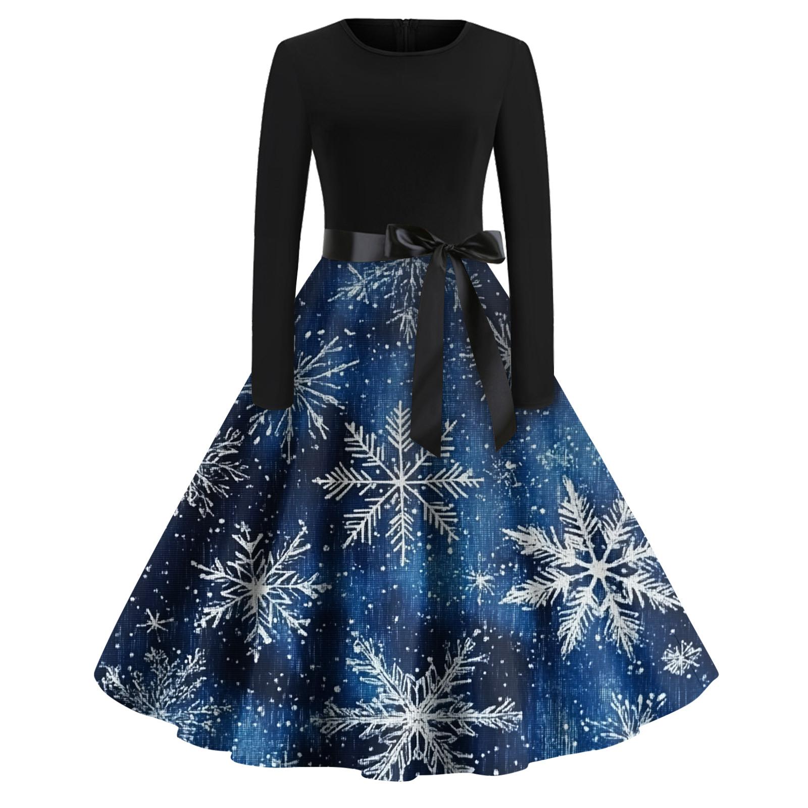 

Рождественский принт расклешенное платье для женщин платье с длинным рукавом полые вечерние повседневные платья M тёмно-синий