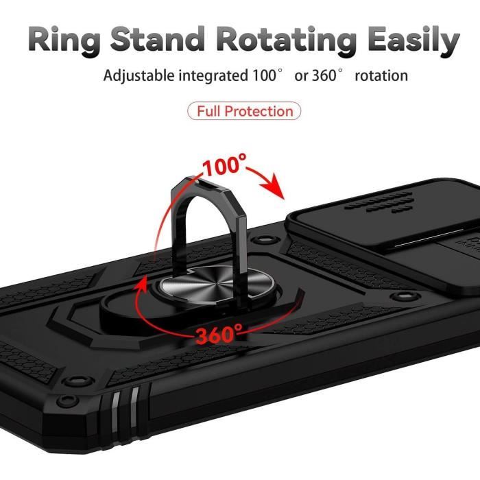 Coque pour Samsung A04s Noir Rigide Cache Caméra Anneau Support Antichoc