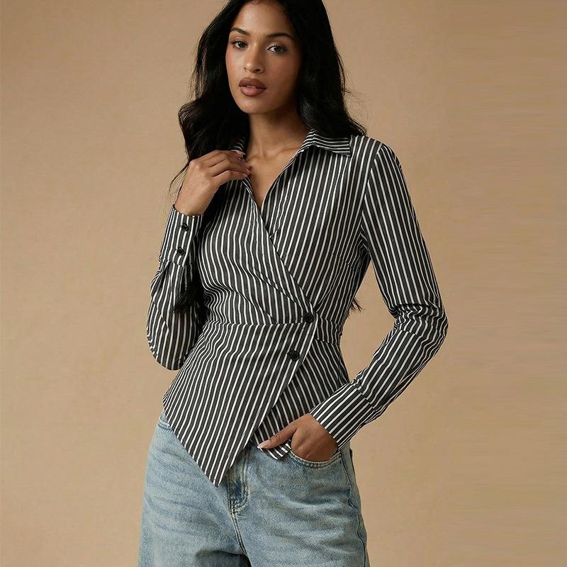 Dames Europese Stijl Gestreept Lange Mouwen Asymmetrisch Casual Blouse Shirt