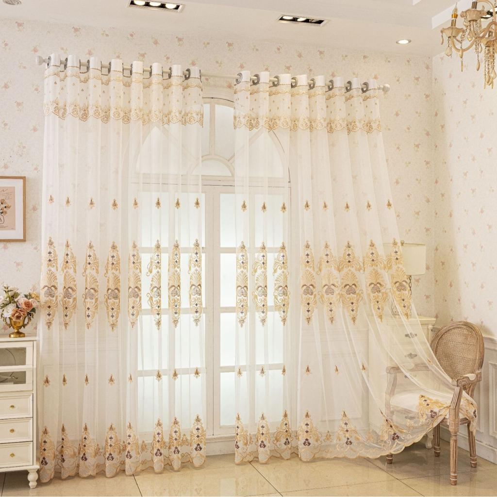 1pc European Style Rhombus Embroidery Sheer Curtains, Modern Geometric Translucent Embroidered Window Sheers