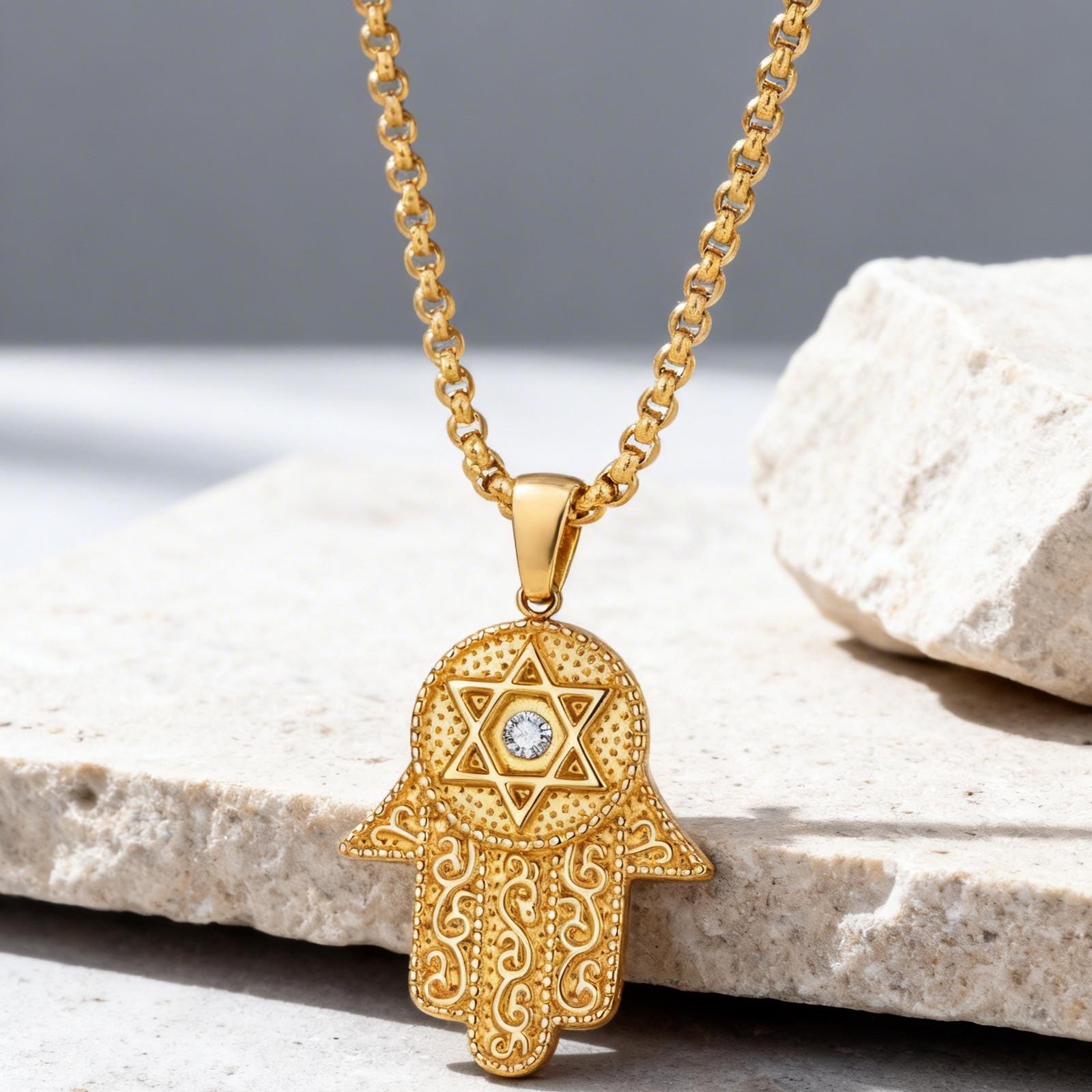 

Vnox Zircon Hexagonal Star Palm Pendant Necklace, Gold Plated Stainless Steel Box Chian, Protective Amulet Jewelry for Men Women 50cm