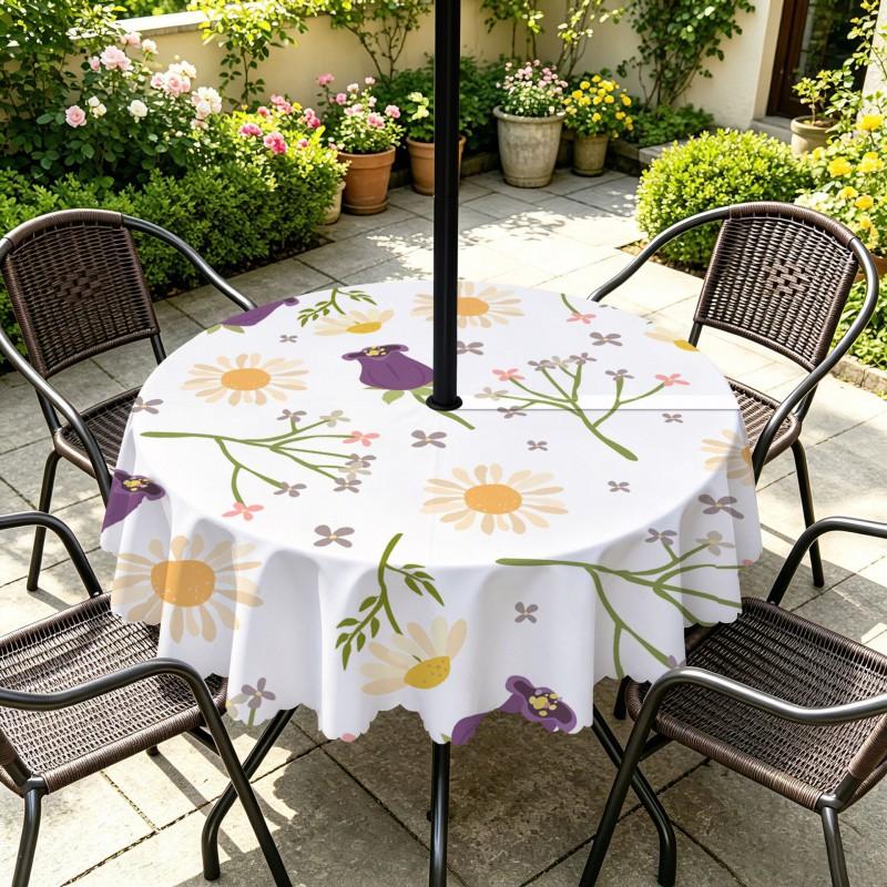 Outdoor Round Tablecloth With Umbrella Hole Waterproof Oil Resistant Floral Leaf Patio Garden Deck