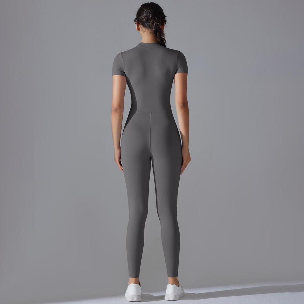 European-American Open-Neck Zipper Jumpsuit: Sexy, Tight-Fitting Short-Sleeve Dance & Yoga Bodysuit for Women