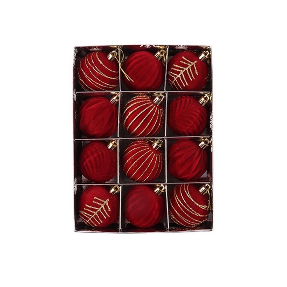 12PCS Flocked Finish Hollow Ornament Pendant Red Color Velvet Tree Bauble  Christmas Tree