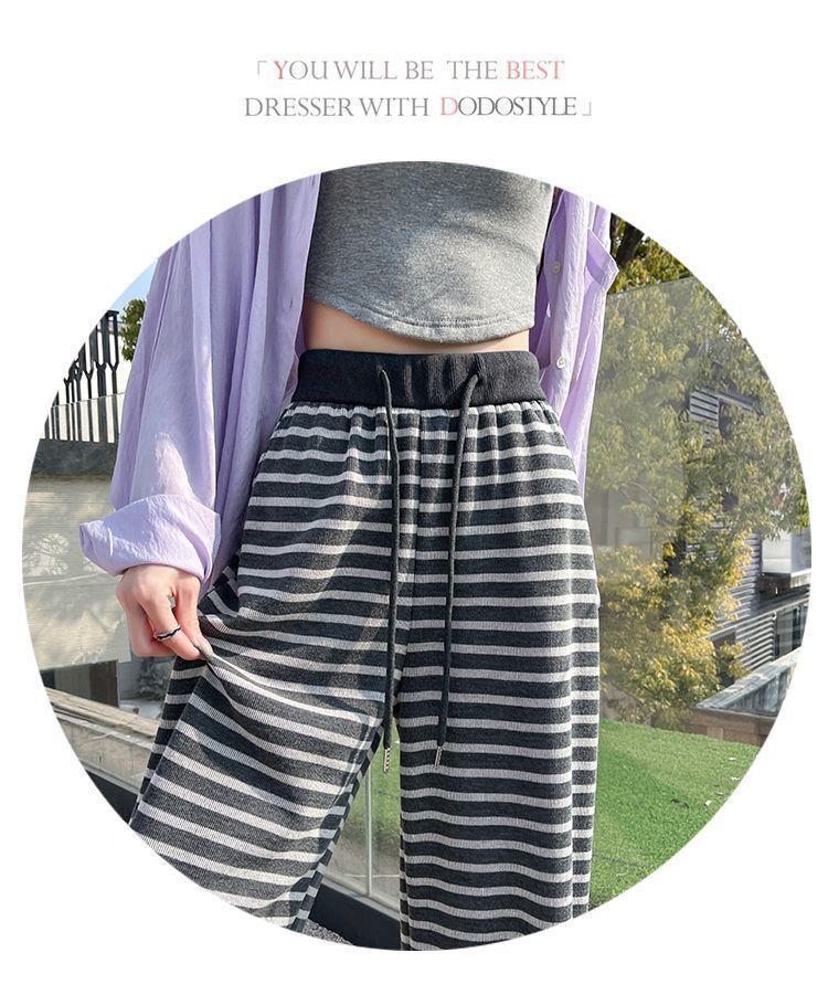 High-Waist Retro Striped Wide-Leg Pants with Drawstring - Women's Casual Floor-Length Knit for Autumn and Spring