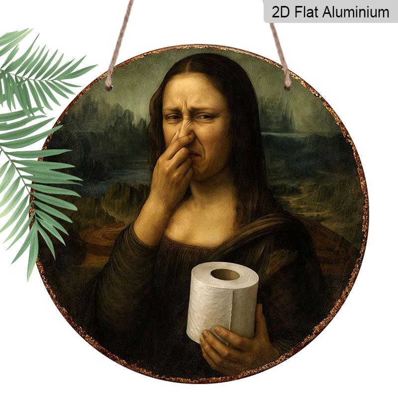 2D Flat, 1pc Funny Mona Lisa Covering Nose Restroom Aluminum Sign - Vintage Bathroom Wall Decor, Waterproof Rust-Proof Wall Plaque, Suitable for