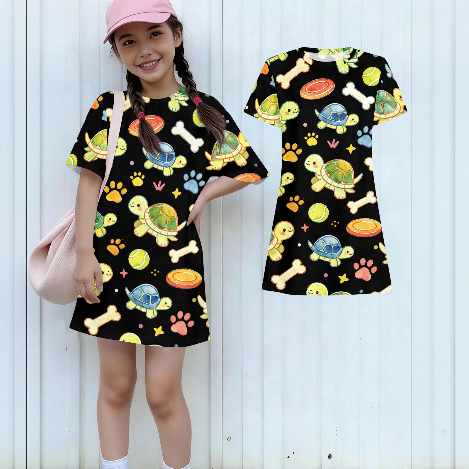 

Girls Animal Print Dress Kids Loose Fit Short Sleeve Round Neck Lightweight Casual Dress for Children Summer Wear 150 чорний