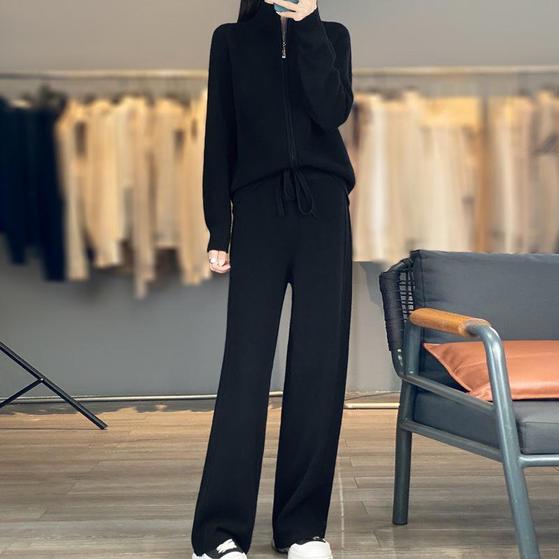 2026 A/W Wool Stand Collar Knit Cardigan & High Waist Wide Leg Pants Set