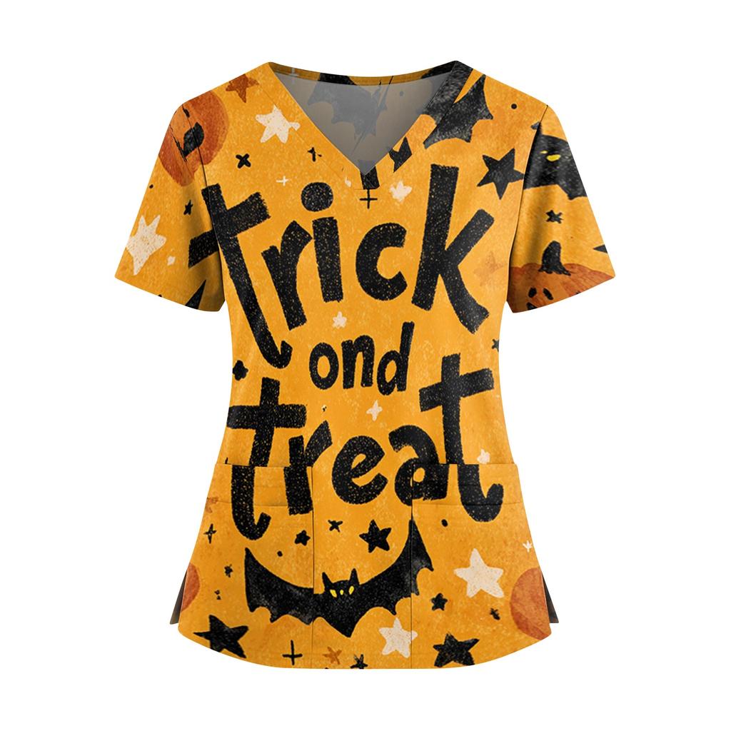 Halloween Print V Neck Short Sleeve Nurse Scrub Top with Dual Pockets and Side Slits Medical Uniform Shirt for Healthcare Professionals
