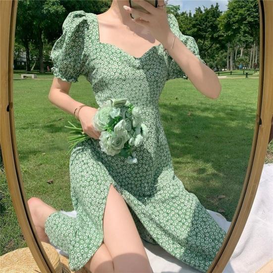 Women Summer Dress Bubble Sleeves High Split Loose Hem Square Neck Flower Print Dating Shirring Tight Waist Women Midi Dress Female Clothes
