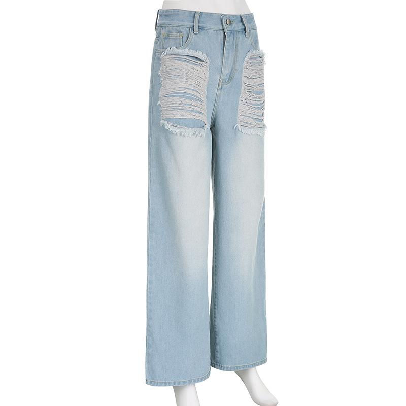 Vintage Design Sense Street Personality Solid Color Holes Casual Loose Straight Pants Low Waist Hot Girls Jeans Stitching Skinny Cool Girls Jeans