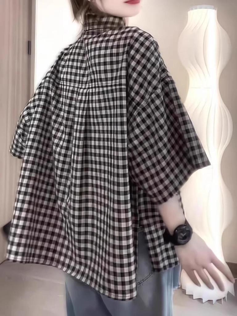 Premium 2025 Women's Summer Plaid Short Sleeve Shirt - Elegant and Relaxed Fit
