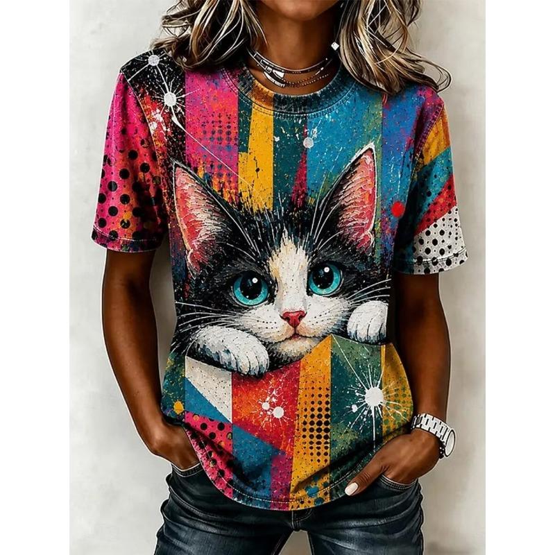 Women's T Shirt Print Graphic Animal Vintage Stylish Classic Short Sleeve Crew Neck Regular Tops Daily Weekend Black White Gold Summer Spring Fall
